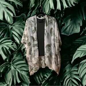 Tropical Print Ruana paired with Warehouse One Army Green Sleeveless Top